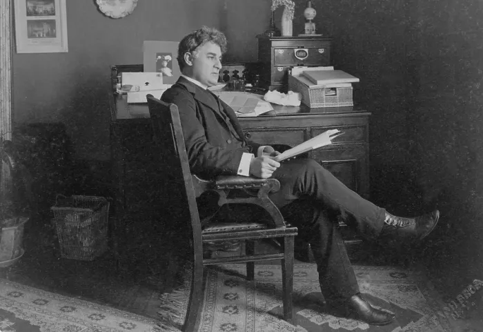 Framed Print : David Belasco, (1853-1931), American theatrical producer and playwright known for inventively realistic stage productions, seated in his office, ca, 1910