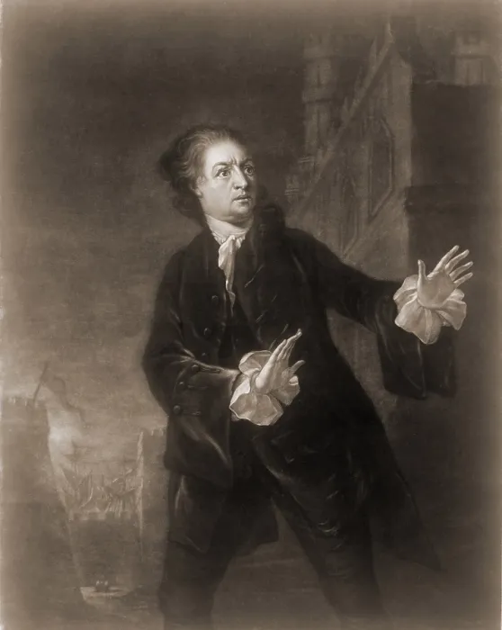 Framed Print : David Garrick (1717-1779), English actor, playwright, and producer in the role of Hamlet, Act 1, Scene 4. 1754 engraving