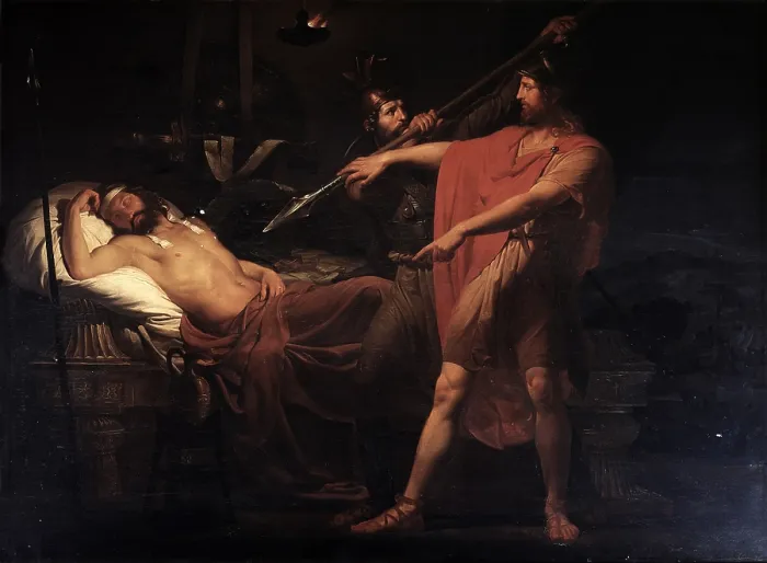 Framed Print : David holds Abigail's arm stabbing King Saul in his sleep, by Carlo Bellosio, 1835, 19th Century, oil on canvas - Italy, Lazio, Rome, Deputies Hall. Whole artwork view Framed Print : David holds Abigail's arm stabbing King Saul in his sleep, by Carlo Bellosio, 1835, 19th Century, oil on canvas - Italy, Lazio, Rome, Deputies Hall. Whole artwork view