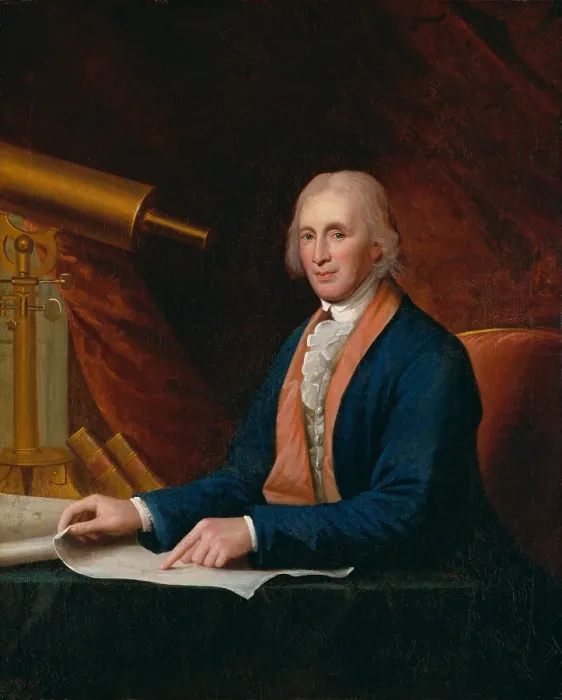 Framed Print : David Rittenhouse, 1796, by Charles Willson Peale. The Philadelphia scientist and inventor sits with a telescope and points to a astronomical map on the desk