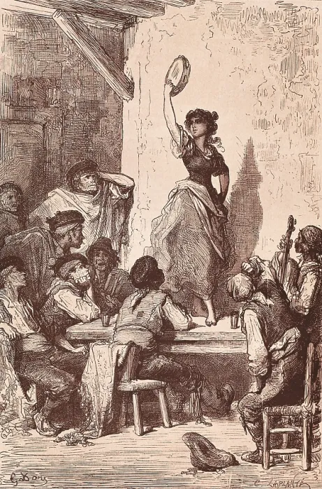 Framed Print : DAVILLIER, Jean Charles (1823 - 1883); Dore, Paul Gustave (1832-1883). L'Espagne. 1874. Gypsy dancing in a pub in Sevilla. Engraving. SPAIN. Madrid. National Library. - J