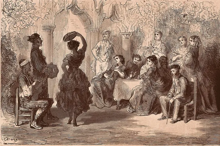 Framed Print : DAVILLIER, Jean Charles (1823 - 1883); Dore, Paul Gustave (1832-1883). L'Espagne. 1874. Gypsy dancing the 'zorongo' in a courtyard in Sevilla. Engraving. SPAIN