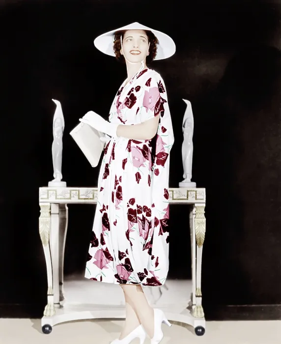 Framed Print : ANOTHER DAWN Kay Francis modeling floral-print crepe frock with white accessories, 1937 Framed Print : ANOTHER DAWN Kay Francis modeling floral-print crepe frock with white accessories, 1937