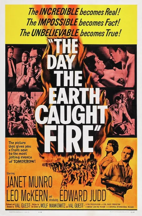 Framed Print : THE DAY THE EARTH CAUGHT FIRE, Leo McKern in collage, bottom l-r: Janet Munro, Edward Judd on poster art, 1961