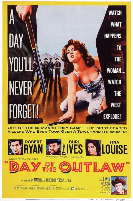 Framed Print : DAY OF THE OUTLAW, US poster art, Tina Louise (top), center from left: Robert Ryan, Burl Ives, Tina Louise, bottom right: David Nelson, 1959