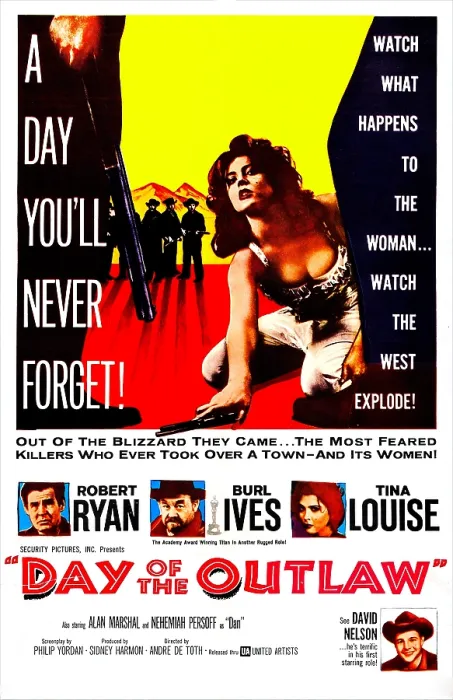Framed Print : DAY OF THE OUTLAW, US poster, Tina Louise (top), center from left: Robert Ryan, Burl Ives, Tina Louise, bottom right: David Nelson, 1959 Framed Print : DAY OF THE OUTLAW, US poster, Tina Louise (top), center from left: Robert Ryan, Burl Ives, Tina Louise, bottom right: David Nelson, 1959