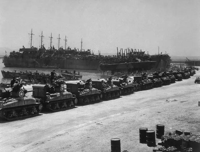 Framed Print : Two days before the Allied invasion of Sicily, tanks board landing craft. Ships are at the French Naval Base, La Pecherie, Tunisia. July 1943, World War 2. (BSLOC_2014_10_19) Framed Print : Two days before the Allied invasion of Sicily, tanks board landing craft. Ships are at the French Naval Base, La Pecherie, Tunisia. July 1943, World War 2. (BSLOC_2014_10_19)