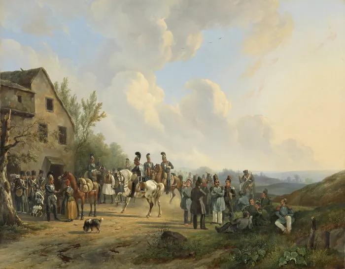 Framed Print : Ten Days Campaign against the Belgian Revolt, August 1831, by Wouter Verschuur, Dutch oil painting. Soldiers and officers on horseback resting at an inn