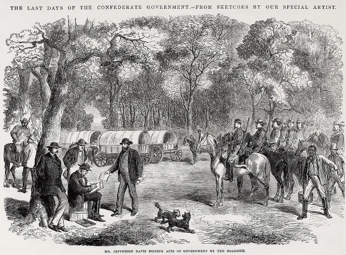 Framed Print : The last days of the Confederate government, May 5-6, 1865. Jefferson Davis signs an act of government at the roadside