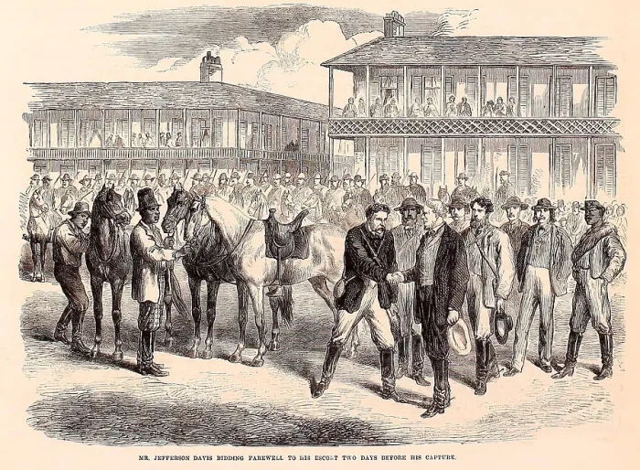 Framed Print : The last days of the Confederate government, May 7, 1865. Jefferson Davis bidding farewell to his escort cavalry two days before his capture Framed Print : The last days of the Confederate government, May 7, 1865. Jefferson Davis bidding farewell to his escort cavalry two days before his capture