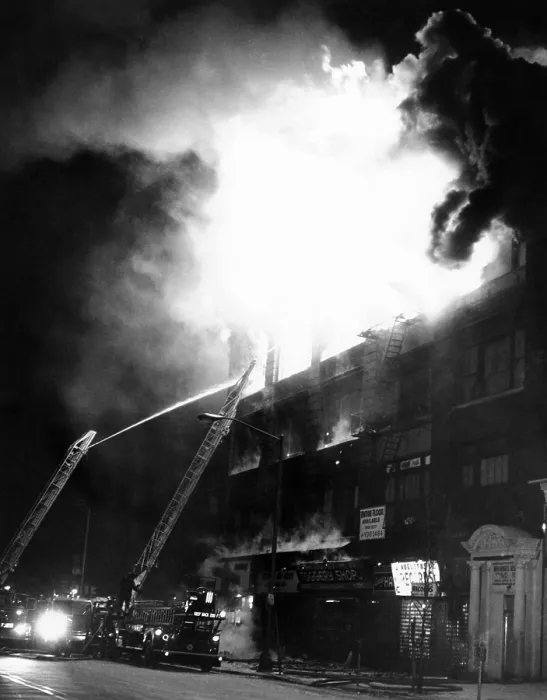 Framed Print : Two days after the slaying of Malcolm X, flames engulf the building housing a Nation of Islam Mosque No. 7 in Harlem. An explosion preceded the three-alarm fire suspicious fire Framed Print : Two days after the slaying of Malcolm X, flames engulf the building housing a Nation of Islam Mosque No. 7 in Harlem. An explosion preceded the three-alarm fire suspicious fire