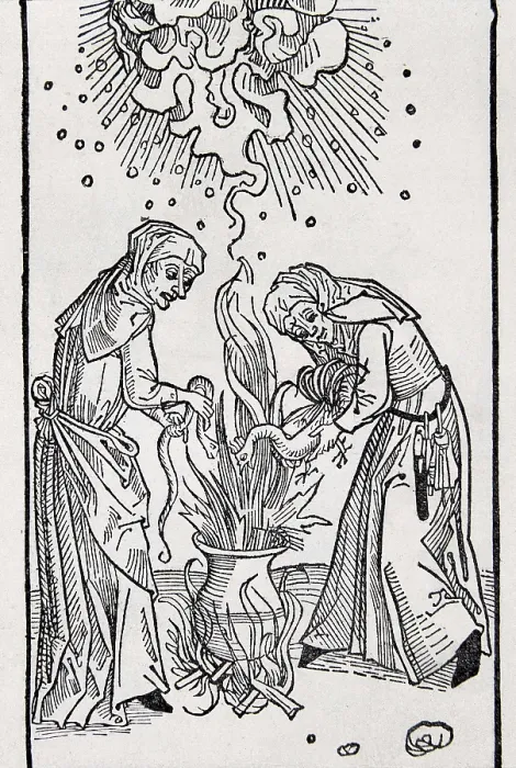 Framed Print : 'De Lamiis et Pythonicis Mulieribus' (Of Witches and Diviner Women, 1508). Work by Ulrich Molitor printed in Augsburg (Germany). Xylography