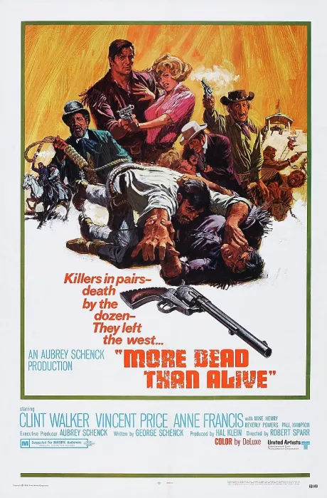 Framed Print : MORE DEAD THAN ALIVE, rear l-r: Vincent Price, Clint Walker, Anne Francis on poster art, 1969 Framed Print : MORE DEAD THAN ALIVE, rear l-r: Vincent Price, Clint Walker, Anne Francis on poster art, 1969