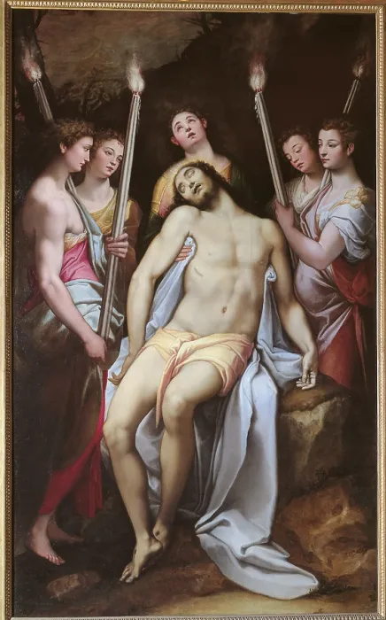 Framed Print : Dead Christ and Angels, by Federico Zuccari, 1566 - 1569, 16th Century, oil on canvas, cm 232 x 142 - Italy, Lazio, Rome, Borghese Gallery. All