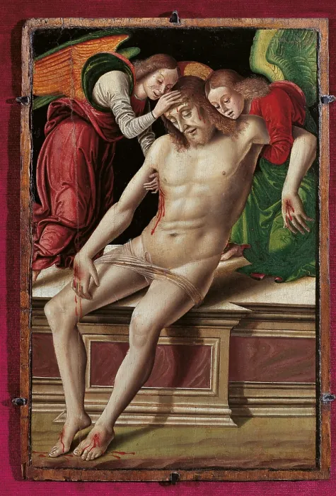 Framed Print : The Dead Christ Supported by Angels, by Giovanni Santi, 1480 - 1485, 15th Century, Painting on panel, cm 35 x 23, 5 - Italy, Marche, Pesaro Urbino, Urbino, Marche National Gallery Framed Print : The Dead Christ Supported by Angels, by Giovanni Santi, 1480 - 1485, 15th Century, Painting on panel, cm 35 x 23, 5 - Italy, Marche, Pesaro Urbino, Urbino, Marche National Gallery
