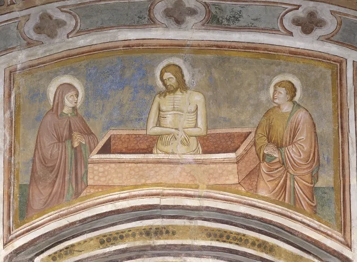 Framed Print : Dead Christ between the Virgin and St. John, Attributed to the Master of Velo d'Astico or Luca da Vicenza, 15th century, fresco Framed Print : Dead Christ between the Virgin and St. John, Attributed to the Master of Velo d'Astico or Luca da Vicenza, 15th century, fresco