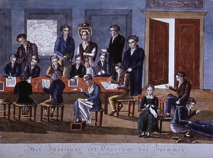 Framed Print : Deaf and dumb children being taught reading, writing, drawing, sewing, knitting, and leather craft at the Institute voor Doofstommen (Instutue for the Deaf and Dumb). Ca. 1790 Framed Print : Deaf and dumb children being taught reading, writing, drawing, sewing, knitting, and leather craft at the Institute voor Doofstommen (Instutue for the Deaf and Dumb). Ca. 1790
