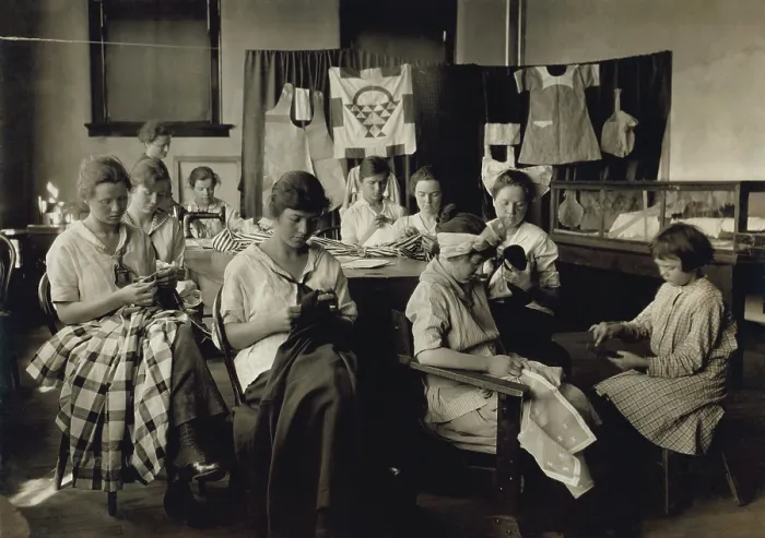 Framed Print : Deaf-mute girls sewing and darning in a training school in Sulphur, Oklahoma. April 1917 photo by Lewis Hine