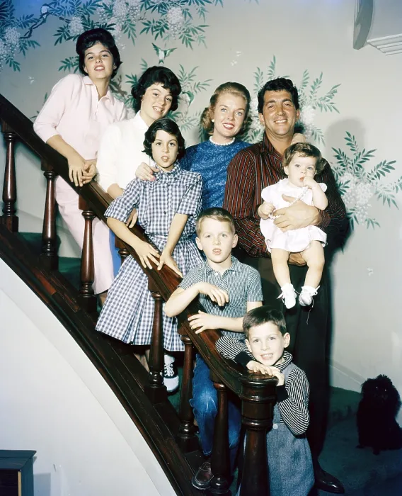 Framed Print : Dean Martin and his family: Counterclockwise, from top left: Barbara, Claudia, Deana, Dean Jr (Dino), Ricci Martin, Gina (baby), Dean, Jeanne, circa 1958