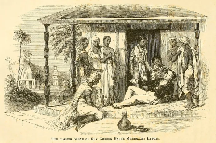 Framed Print : The death of American missionary Reverend Gordon Hall 1784-1826 of cholera after a few hours sickness in Bombay Mumbai where he had been a Christian missionary since 1813 Framed Print : The death of American missionary Reverend Gordon Hall 1784-1826 of cholera after a few hours sickness in Bombay Mumbai where he had been a Christian missionary since 1813