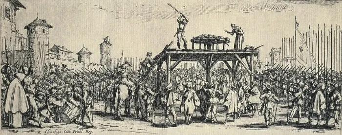 Framed Print : Death penalty. Tied to a cart wheel, the condemned man is being beaten while he confesses his sins. Table 14