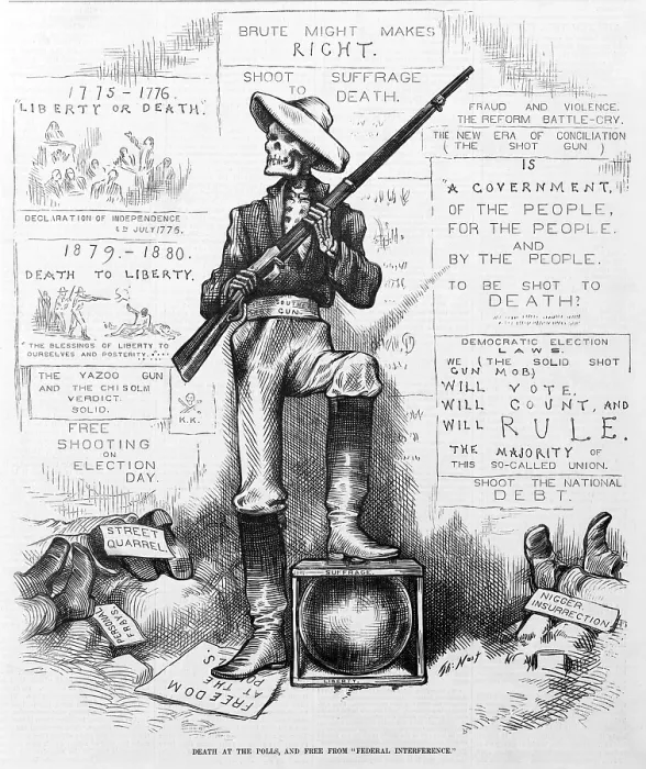 Framed Print : Death at the polls, and free from federal interference'. Skeleton solid Southern shot gun holding shotgun at polls, to prevent African Americans from voting Framed Print : Death at the polls, and free from federal interference'. Skeleton solid Southern shot gun holding shotgun at polls, to prevent African Americans from voting