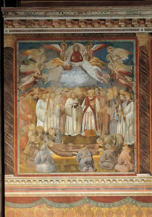 Framed Print : The Death of St Francis, by Giotto, 1300 - 1300, 14th Century, fresco, cm 270 x 230 - Italy, Umbria, Perugia, Assisi, Upper Basilica of San Francesco, nave. All