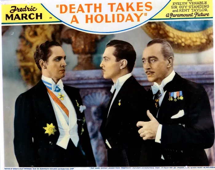 Framed Print : DEATH TAKES A HOLIDAY, US lobbycard, from left: Fredric March, Kent Taylor, Guy Standing, 1934
