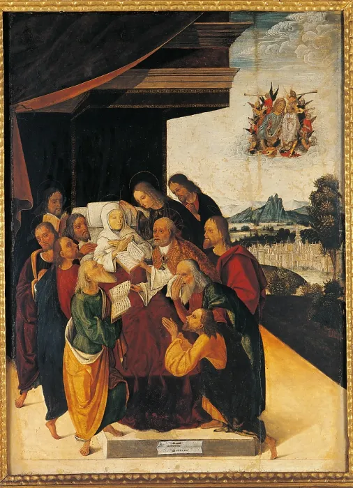 Framed Print : The Death of the Virgin, by Michele Coltellini, 1502 about, 16th Century, panel, - Italy, Emilia Romagna, Bologna, National Picture Gallery. All