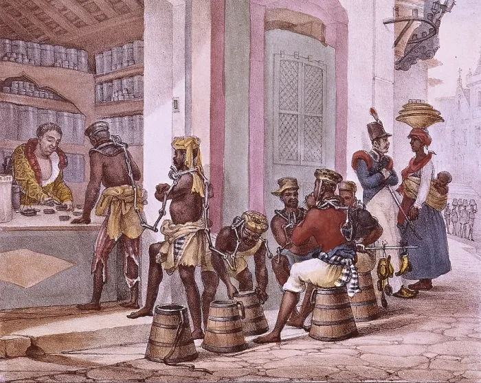 Framed Print : DEBRET, Jean Baptiste (1768-1848). A Colourful and Historic Journey to Brazil. 1839. Black slaves buying tobacco. Costumbrism. Litography