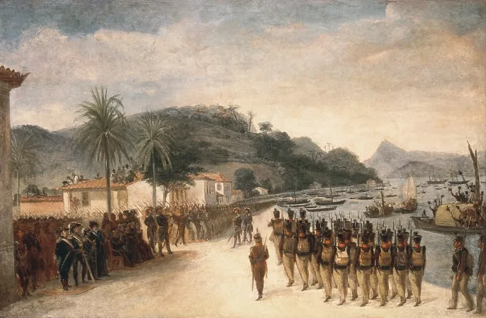 Framed Print : DEBRET, Jean Baptiste (1768-1848). A Colourful and Historic Journey to Brazil. 1839. Troop boarding in Praia Grande