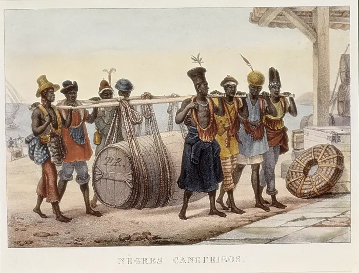 Framed Print : DEBRET, Jean Baptiste (1768-1848). A Colourful and Historic Journey to Brazil. 1839. 'Negres cangueiros'. Black urban slaves transporting a wine barrel. Costumbrism