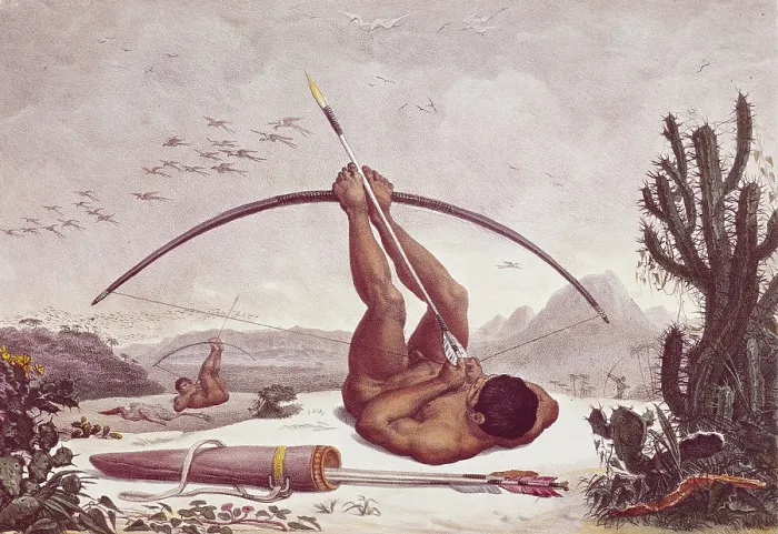 Framed Print : DEBRET, Jean Baptiste (1768-1848). A Colourful and Historic Journey to Brazil. 1839. Cabocle (civilized Indian) shooting a bow. Costumbrism. Litography