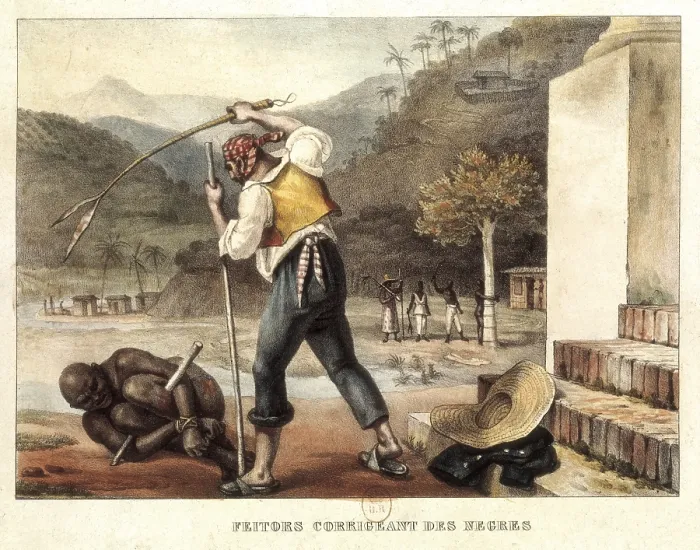Framed Print : DEBRET, Jean Baptiste (1768-1848). A Colourful and Historic Journey to Brazil. 1839. 'Feitors corrigeant des negres'. Feitor (landlord) punishing a black slave Framed Print : DEBRET, Jean Baptiste (1768-1848). A Colourful and Historic Journey to Brazil. 1839. 'Feitors corrigeant des negres'. Feitor (landlord) punishing a black slave