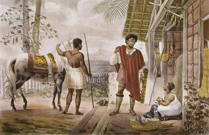 Framed Print : DEBRET, Jean Baptiste (1768-1848). A Colourful and Historic Journey to Brazil. 1839. Guaicuruan chief going to trade with Europeans. Costumbrism. Litography