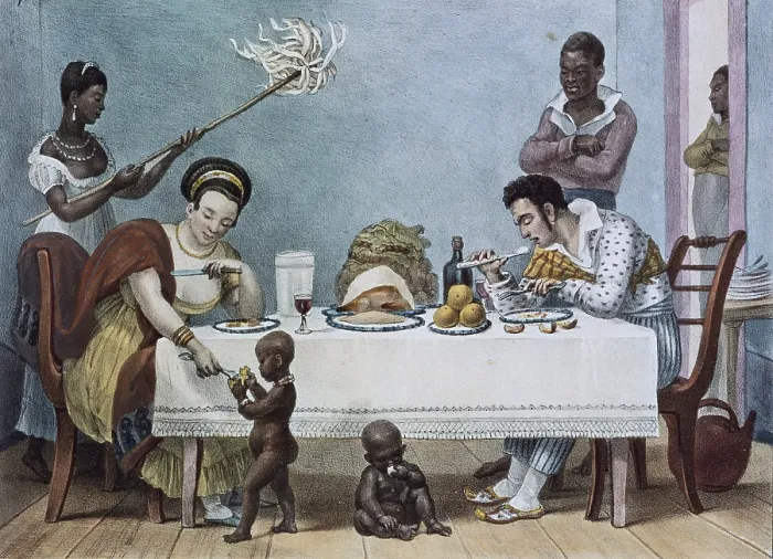 Framed Print : DEBRET, Jean Baptiste (1768-1848). A Colourful and Historic Journey to Brazil. 1839. 'Le diner'. (The lunch). Costumbrism. Litography