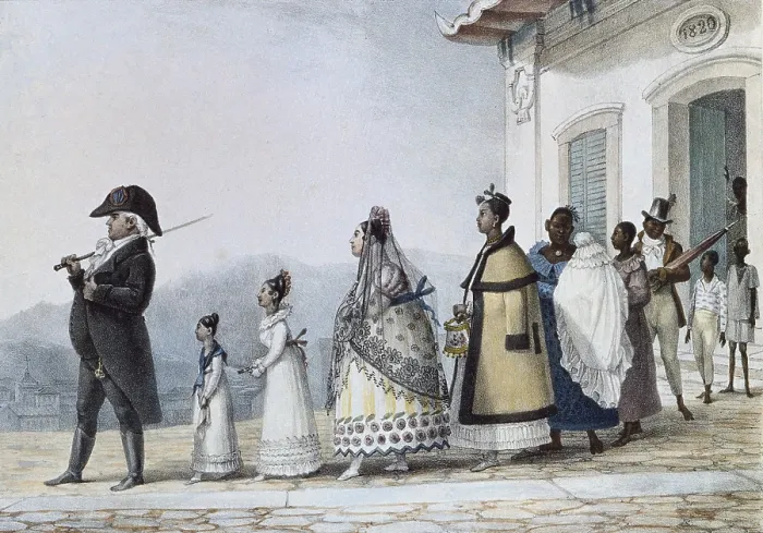 Framed Print : DEBRET, Jean Baptiste (1768-1848). A Colourful and Historic Journey to Brazil. 1839. 'Un employe du gouvern: sortant de chez lui avec sa famille' Framed Print : DEBRET, Jean Baptiste (1768-1848). A Colourful and Historic Journey to Brazil. 1839. 'Un employe du gouvern: sortant de chez lui avec sa famille'