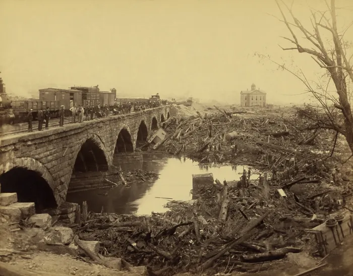 Framed Print : Debris at Pennsylvania Railroad stone bridge, after the Johnstown Flood of May 31, 1889. This was the most horrific site of the disaster