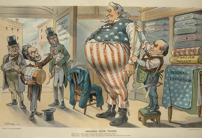 Framed Print : DECLINED WITH THANKS, political cartoon with Pres. McKinley measured by Uncle Sam for new and bigger clothes