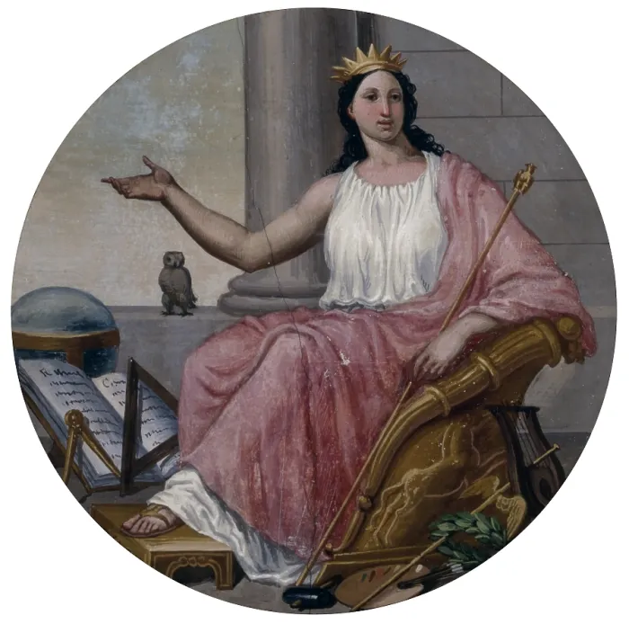 Framed Print : Decoration, by David Rossi, 1827, 19th century, fresco - Italy, Veneto, Vicenza, Loschi - Zileri - Dal Verme Palace. Whole artwork view. Tondo with allegorical female figure