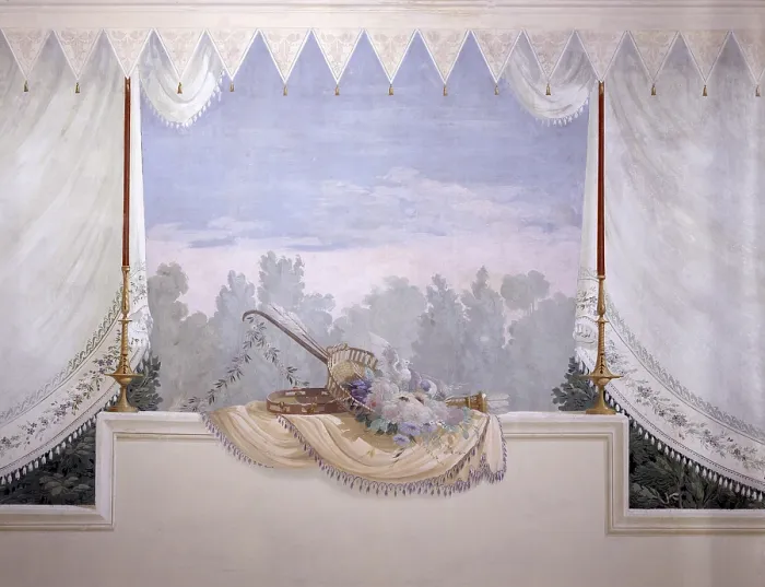Framed Print : Decoration of a Little Room, by Francesco Bagnara, 1819, 19th Century, fresco - Italy, Veneto, Mottinello Nuovo, Villa Comello. Detail. Still life at the center of a fake gazebo Framed Print : Decoration of a Little Room, by Francesco Bagnara, 1819, 19th Century, fresco - Italy, Veneto, Mottinello Nuovo, Villa Comello. Detail. Still life at the center of a fake gazebo
