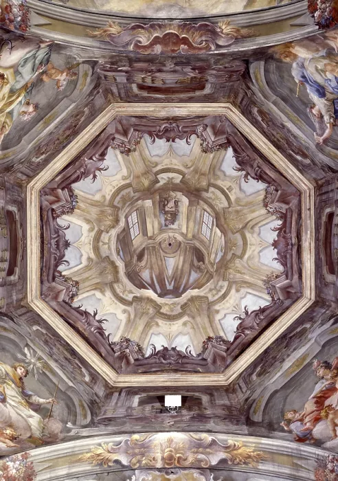 Framed Print : Decoration, by Pietro Fea, 18th Century, fresco - Italy, Piedmont, Vercelli, Church of Saint Christopher. Detail. Zenith view of the dome painted with a trompe l'oeil