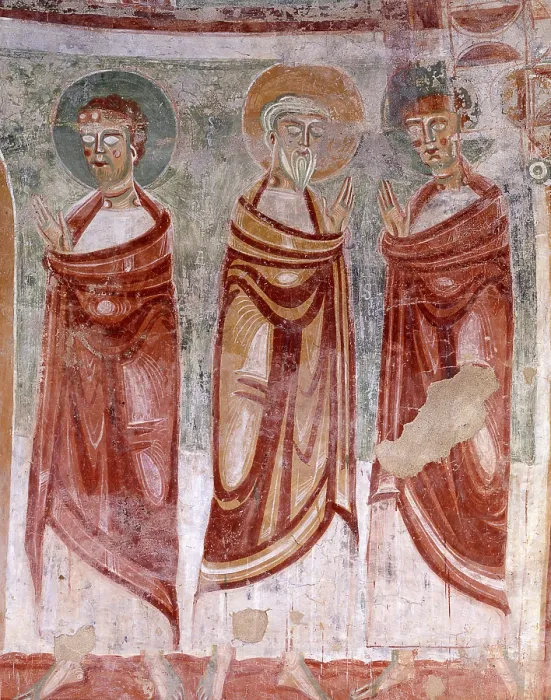 Framed Print : Decoration, by Unknown Artist, 11th Century, fresco - Italy, Piedmont, Briga Novarese, Church of Saint Thomas. Detail. Three apostles