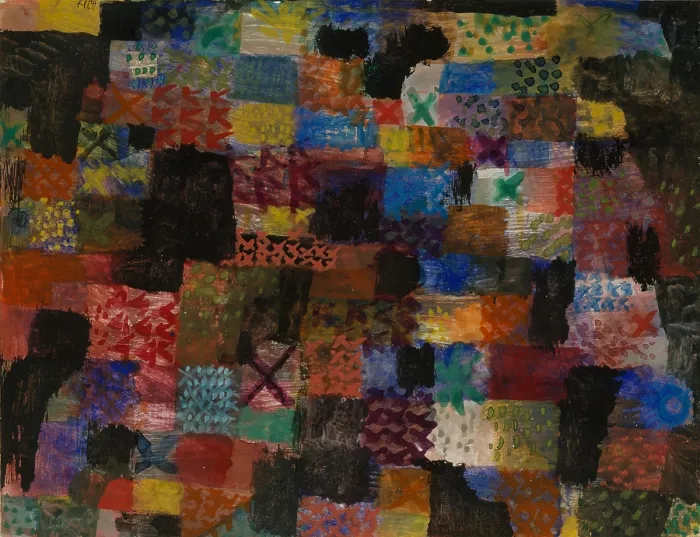 Framed Print : DEEP PATHOS, by Paul Klee, 1915, Swiss drawing, watercolor and gouache on paper. On ground of colored rectangles, Klee overpainted X's and dots of color (BSLOC_2017_7_68) Framed Print : DEEP PATHOS, by Paul Klee, 1915, Swiss drawing, watercolor and gouache on paper. On ground of colored rectangles, Klee overpainted X's and dots of color (BSLOC_2017_7_68)