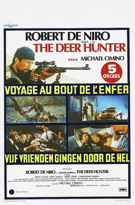 Framed Print : THE DEER HUNTER, (aka VOYAGE AU BOUT DE L'ENFER, aka VIJF VRIENDEN GINGEN DOOR DE HEL), Belgian poster, top left: Robert De Niro, bottom right: Robert De Niro, Meryl Streep