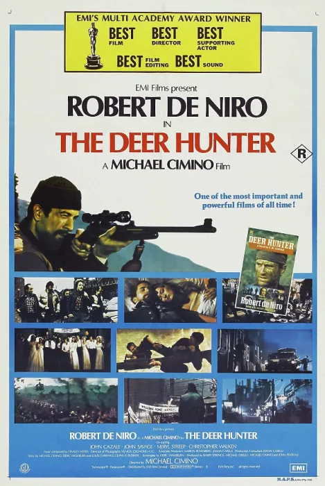 Framed Print : THE DEER HUNTER, Australian poster, Robert De Niro (top left), 1978, Universal / courtesy Everett Collection Framed Print : THE DEER HUNTER, Australian poster, Robert De Niro (top left), 1978, Universal / courtesy Everett Collection