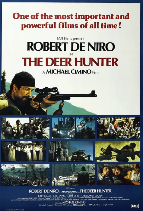 Framed Print : THE DEER HUNTER, British poster, Robert De Niro (top left), 1978, Universal / courtesy Everett Collection Framed Print : THE DEER HUNTER, British poster, Robert De Niro (top left), 1978, Universal / courtesy Everett Collection