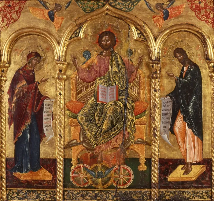 Framed Print : Deesis, by Onufri Qiprioti, 1596, 16th Century, tempera on wood - Albania, Tirana, Institute for Cultural Monuments. Whole artwork view. Triptic with Deesis scene, Mary and St