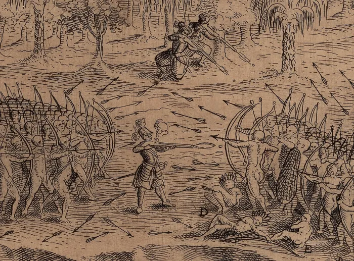 Framed Print : DEFEAT OF THE IROQUOIS AT LAKE CHAMPLAIN, detail of 1613 engraving after a drawing by Samuel de Champlain Framed Print : DEFEAT OF THE IROQUOIS AT LAKE CHAMPLAIN, detail of 1613 engraving after a drawing by Samuel de Champlain