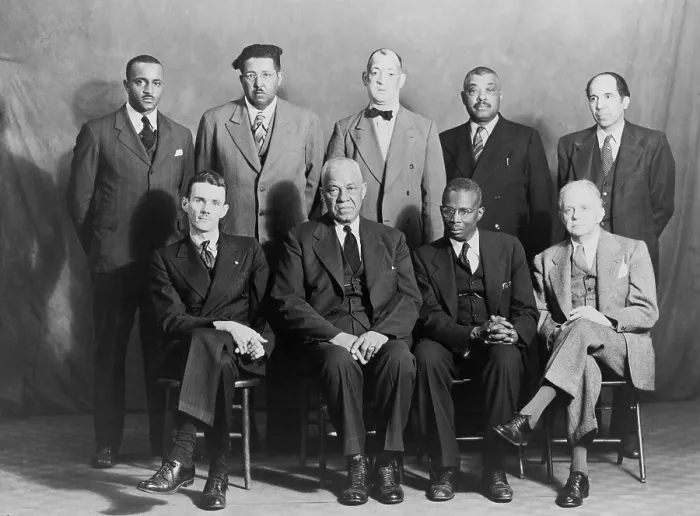 Framed Print : Defendants and NAACP counsel in Columbia, Tennessee, during trials related to the race riot of February 25-26, 1946. Attorneys Z